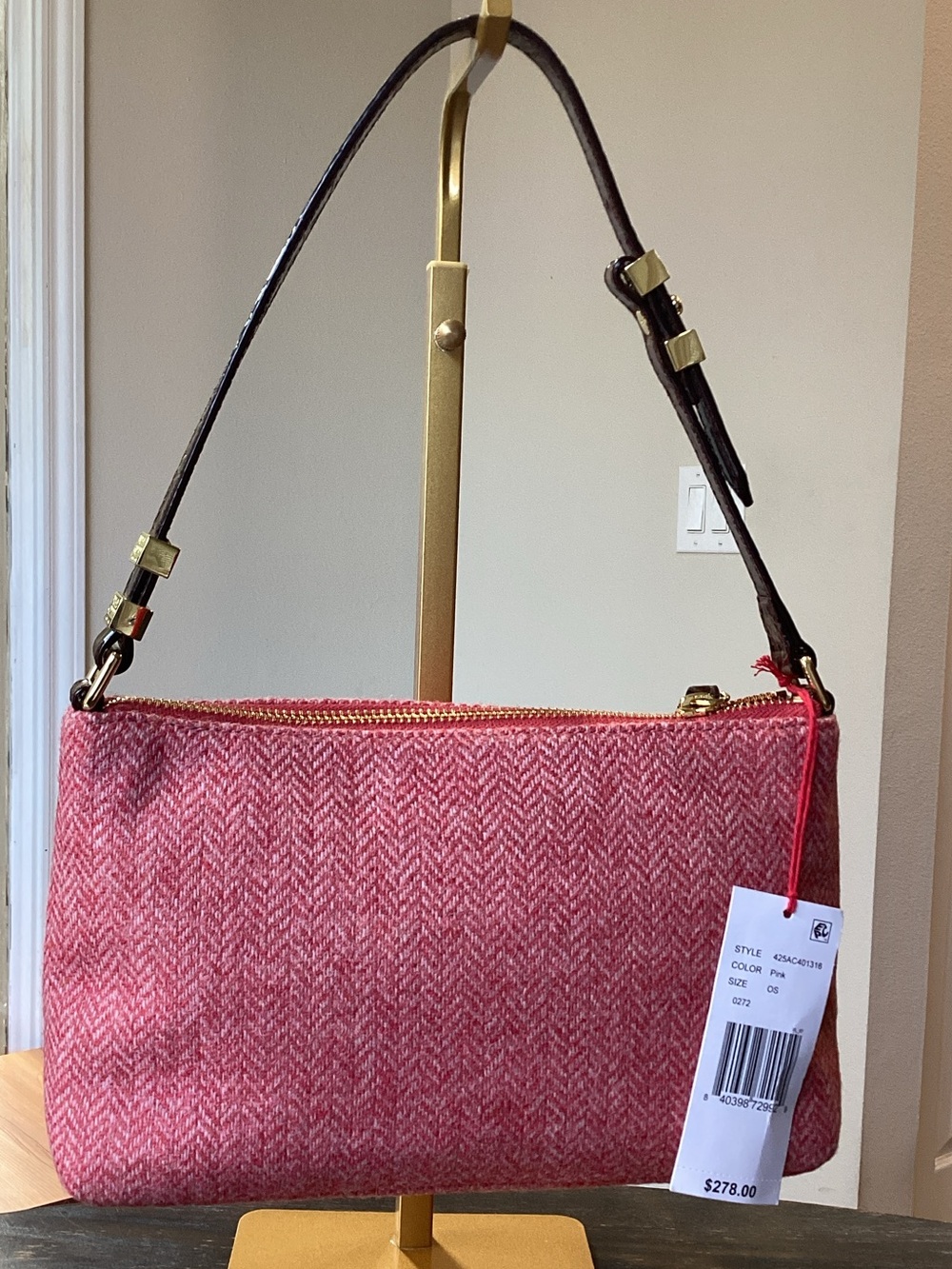 Frances Valentine Freddie Pink Herringbone Soft Pouch Shoulder Bag - Picture 3 of 12